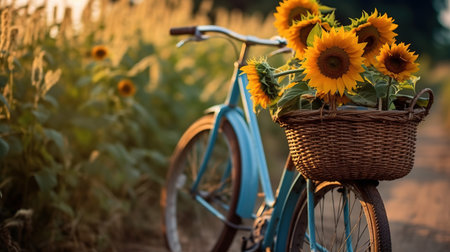 Bicycle with basket of sunflowers on the field at sunsetの素材