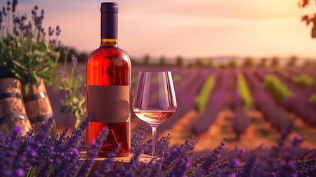 Wine bottle and glass on lavender field in Tuscany, Italyの素材