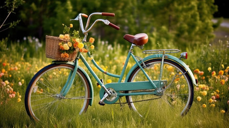 Vintage bicycle with basket of flowers on the grass in the gardenの素材