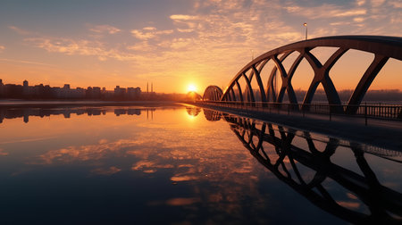 Sunset over the bridge across the Dnieper river in Kiev, Ukraineの素材