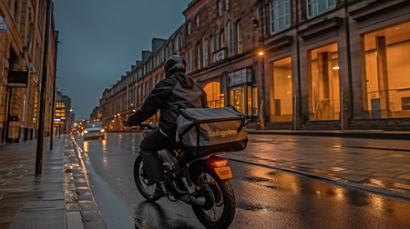 A man on a motorcycle with a package in the city at nightの素材