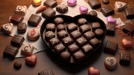 Chocolates in the form of hearts on a wooden background.の素材