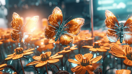 Butterflies and flowers in a flower shop. 3d renderingの素材