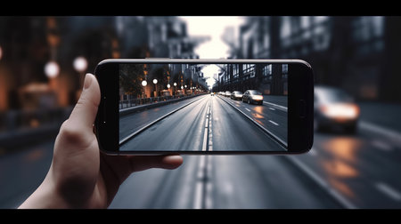 Smartphone in hand on the background of the road with cars.の素材