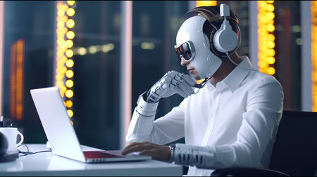 Young african american man in headphones working with laptop at nightの素材