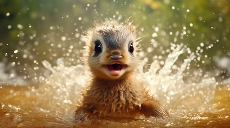 Cute little duckling bathes in a pool with splashesの素材