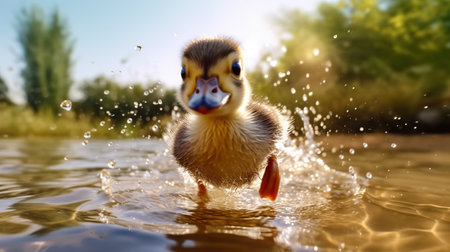 Cute duckling swimming in the water, splashes of waterの素材
