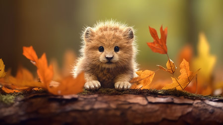 Cute little hedgehog on autumn leaves background. Autumn season.の素材