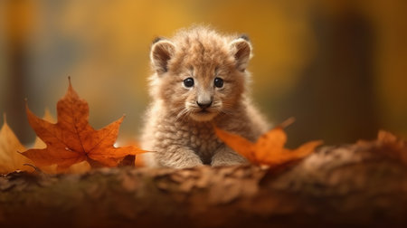 Little lion cub in the autumn forest. Little lion cub in autumn leaves.の素材