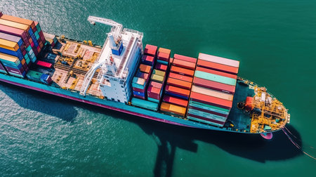Container Cargo freight ship with working crane bridge for Logistic Import Export backgroundの素材