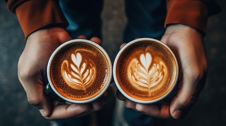 Coffee cup with latte art on the coffee shop.の素材
