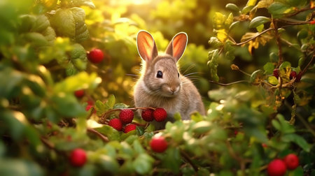 Cute little rabbit sitting on the berries of wild rose bushes.の素材