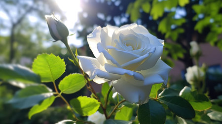 Beautiful white rose blooming in the garden on a sunny dayの素材