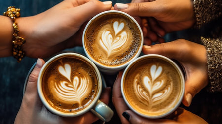 Coffee cup with latte art on wooden table, stock photoの素材