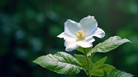 White wild rose on a background of green leaves. Summer flowers.の素材