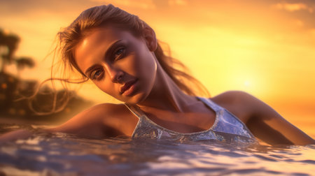 Beautiful woman in swimming pool at sunset. 3d rendering.の素材