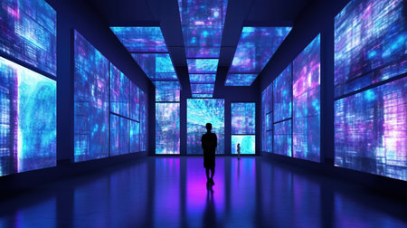 Silhouette of a businessman standing in the middle of a futuristic roomの素材