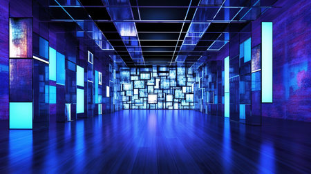 3D rendering of a futuristic corridor in a dark room with neon lightsの素材