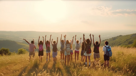 Group of happy friends having fun on top of mountain during summer vacationの素材