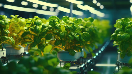 Organic hydroponic vegetables growing in a greenhouse. Selective focus.の素材