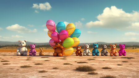 3D render of a group of children with balloons in the desertの素材