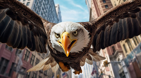 Bald Eagle flying in the streets of San Francisco, California.の素材