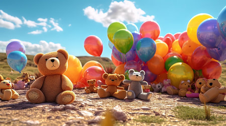 Teddy bear with colorful balloons on the meadow. 3d renderingの素材