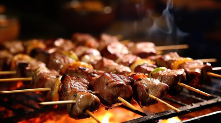 Shish kebab on skewers on barbecue grill, closeupの素材