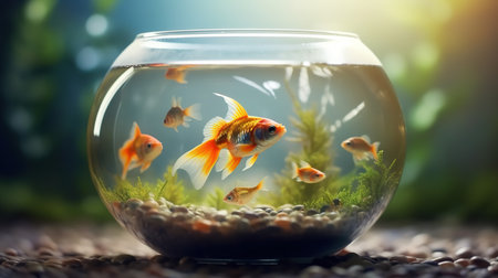 Goldfish in a glass bowl on a background of green plants.の素材