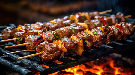 Grilled meat skewers with vegetables on barbecue grill. Selective focusの素材