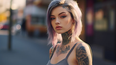 portrait of beautiful girl with pink hair and tattoos on her armsの素材