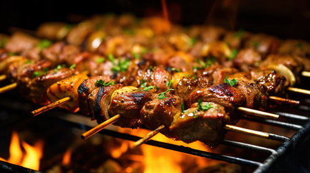 Shish kebab on skewers on a barbecue grill.の素材