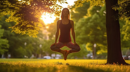 Young woman practicing yoga in the park at sunset. Yoga concept.の素材