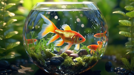 Goldfish in a round glass aquarium on a background of green plants.の素材