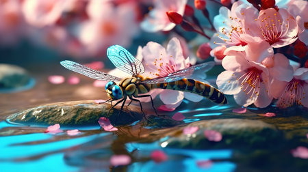Blue dragonfly on the background of blooming sakura flowers.の素材