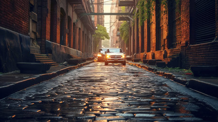A car is driving on the street in the old town of Bangkok, Thailand.の素材