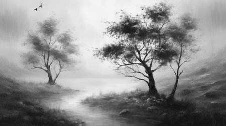 Black and white landscape with foggy river and trees. Digital painting.の素材