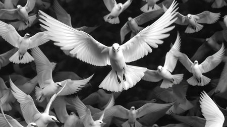 A flock of white pigeons flying in the sky. Black and white photo.の素材