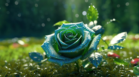 Beautiful blue rose on green grass background with bokeh effectの素材