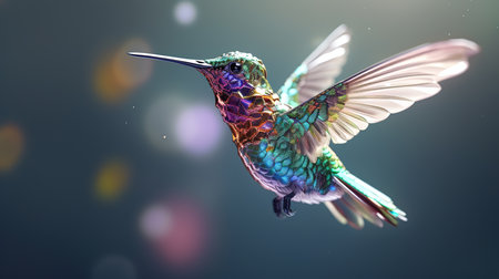 Hummingbird in flight with colorful bokeh on background.の素材