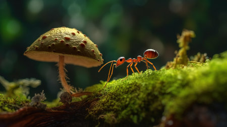 Red ant on mushroom in the rainforest. Wildlife scene from nature.の素材
