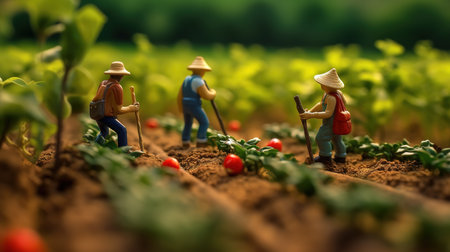 Miniature people : Farmers are planting tomatoes in the vegetable garden.の素材