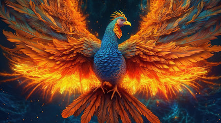 3d rendering of a blue bird with orange wings on fire backgroundの素材