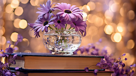Bouquet of purple flowers in a glass vase and books on bokeh backgroundの素材