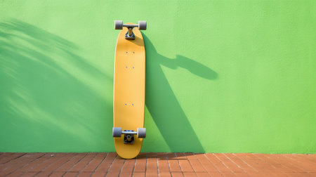Yellow skateboard on green wall background with shadow of a skateboardの素材