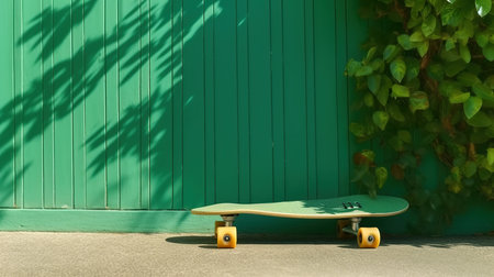 Skateboard on a background of green wooden wall. Summer concept.の素材