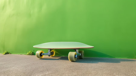 Skateboard on the background of the green wall with copy spaceの素材