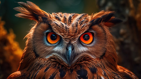 Portrait of a beautiful owl with orange eyes. Close-up.の素材