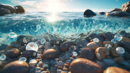 Beautiful seascape with stones under water. 3d renderingの素材