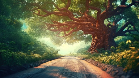 Old big tree on the road in the forest, 3d illustrationの素材